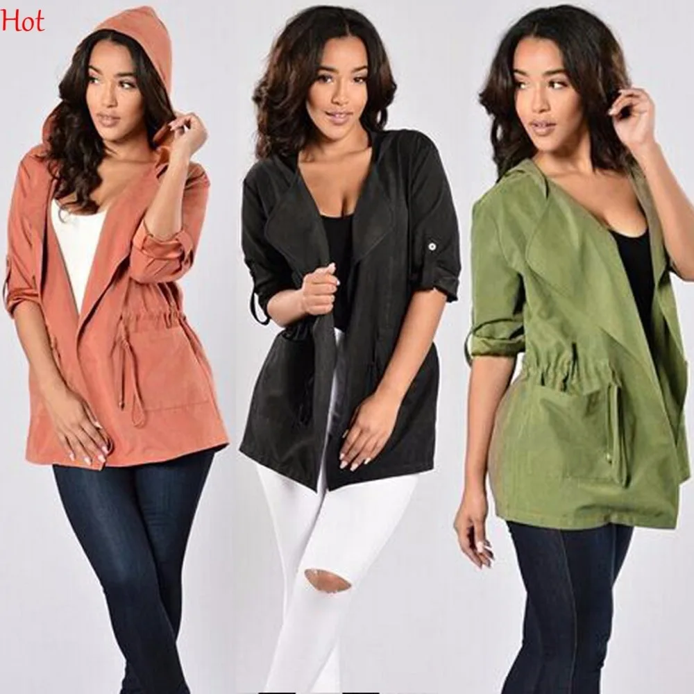 

Spring Women Hooded Coats Roll Up Sleeve Drawstring Waist Pocket Jacket Ladies Clothing Solid Casual Autumn Plus Coat SVH031626