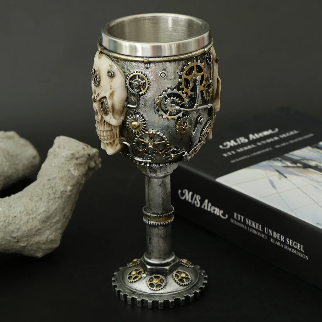 3D Gothic Skull Cup Stainless Steel Resin Skeleton Design for Bar Party Home Wine Goblet Cups Decor Crafts