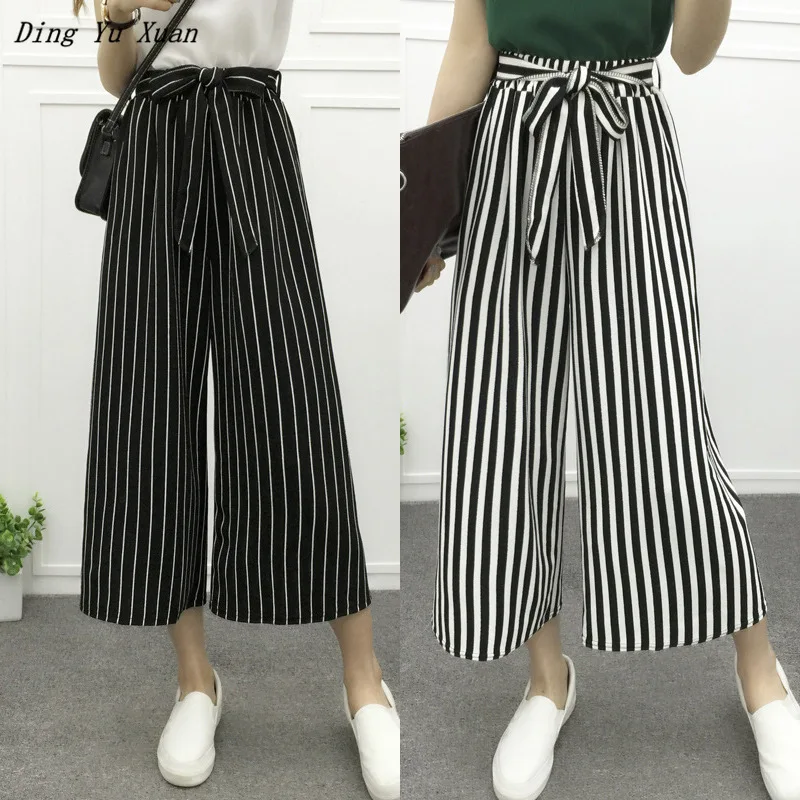 2019 Summer Wide Leg Pants Women High Waist Polka Dot Striped Loose Palazzo Elegant Office Ladies Trousers with Bow Sashes | Женская
