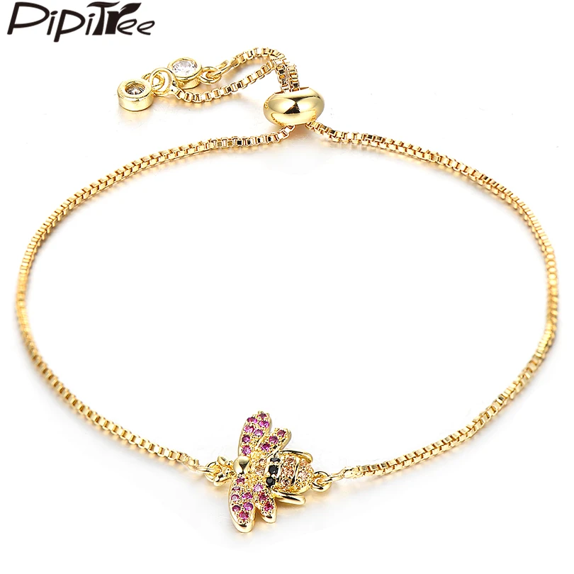 

Pipitree Trendy AAA Cubic Zirconia Insect Bee Charm Bracelet Femme Brass Adjustable Chain Gold Color Bracelets Women Jewelry