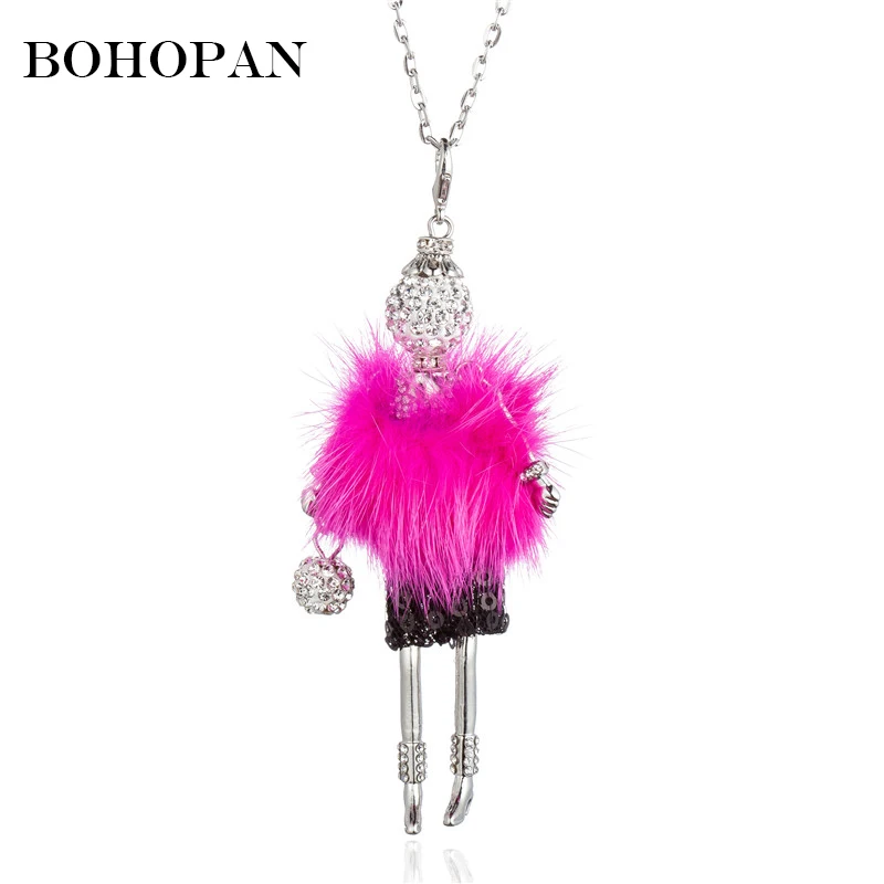 

Statement Doll Necklace Women Girl Fur Sequin Skirt Ball Handbag Figure Pendant Necklace Sweater Chain News Alloy Jewelry Bijoux