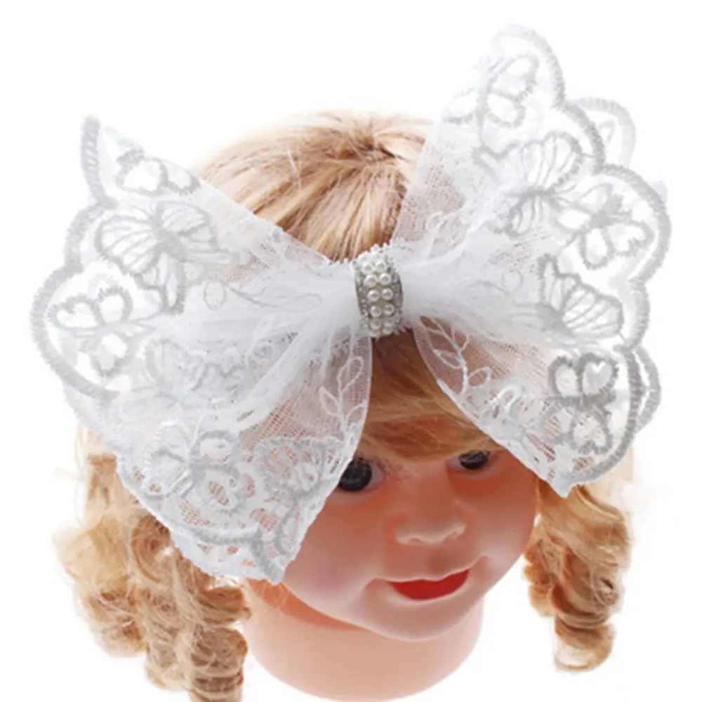 

Cute Big Flower Girls Hairband Turban White Lace Hair Band Headband Bow Pearl daily life party Hair Accessories