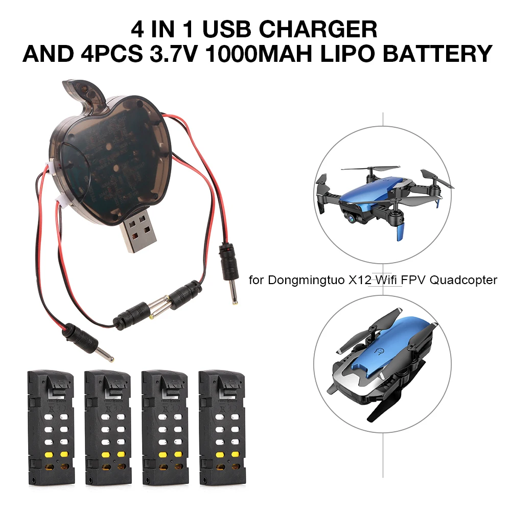 

RC Quadcopter 4 in 1 USB Charger 4PCS 3.7V 1000mAh Lipo Battery Combo for X12 Wifi FPV Drone