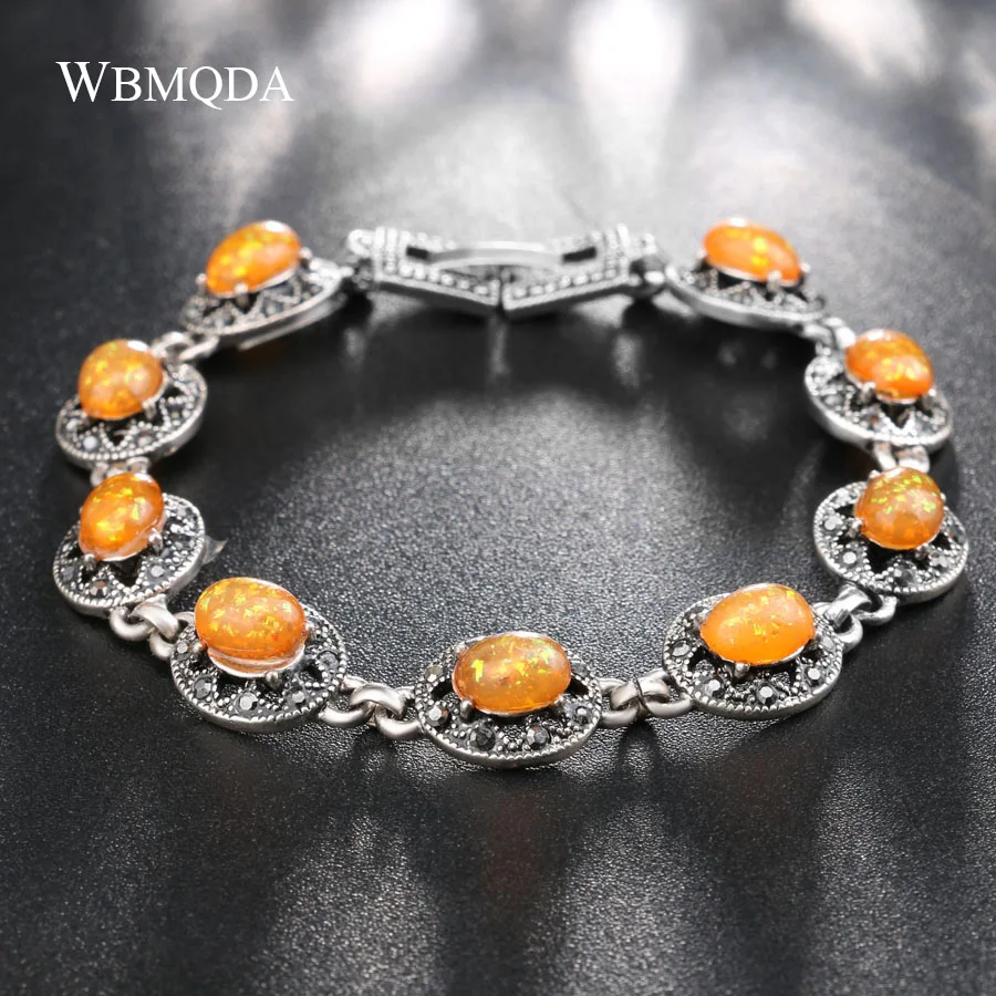 

Wbmqda 2018 New Vintage Orange Opal Oval Beads Bracelet Silver Color AAA Crystal Bracelets For Women Fashion Party Jewelry Gift