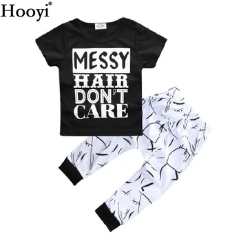 

Hooyi Summer Baby Girls Clothes Set Children Black T-Shirt White Pant Suit Messy Hair Don't Care Kids Outfit 100% Cotton Tops