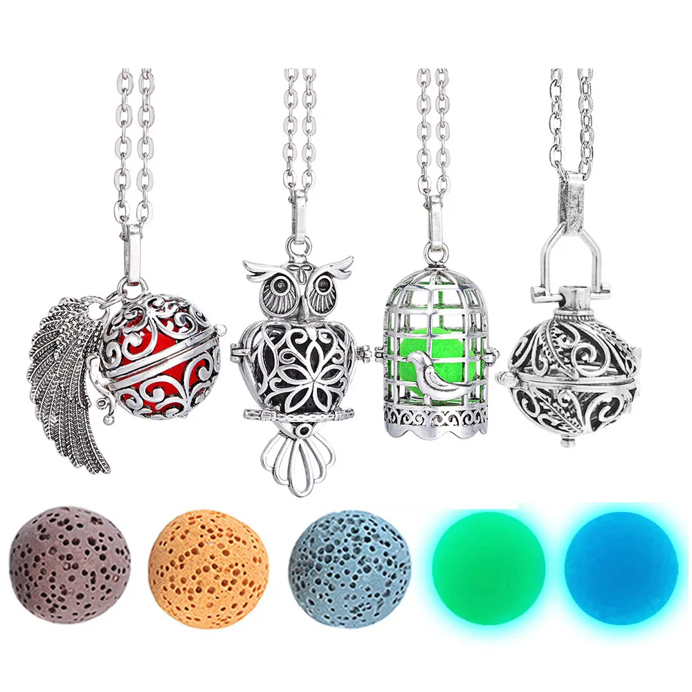 

Aromatherapy Diffuser Necklace Locket Necklace Glow In The Dark Necklace Felt Lava Stone Cage Owl Necklace for Essential Oil