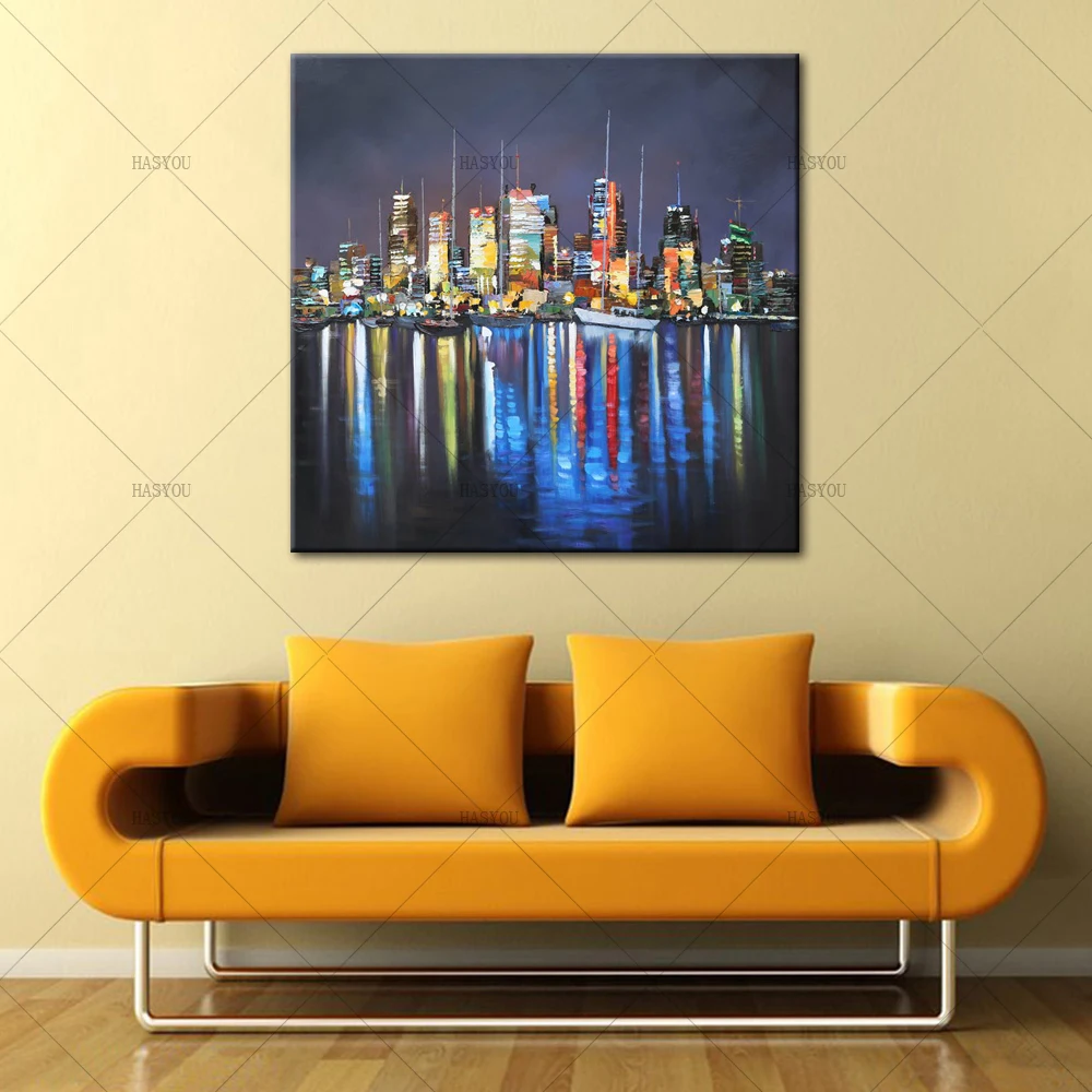 Unframed-Abstract-Landscape-New-York-City-Night-View-in-River-Oil-Painting-On-Canvas-Modern-Home (2)