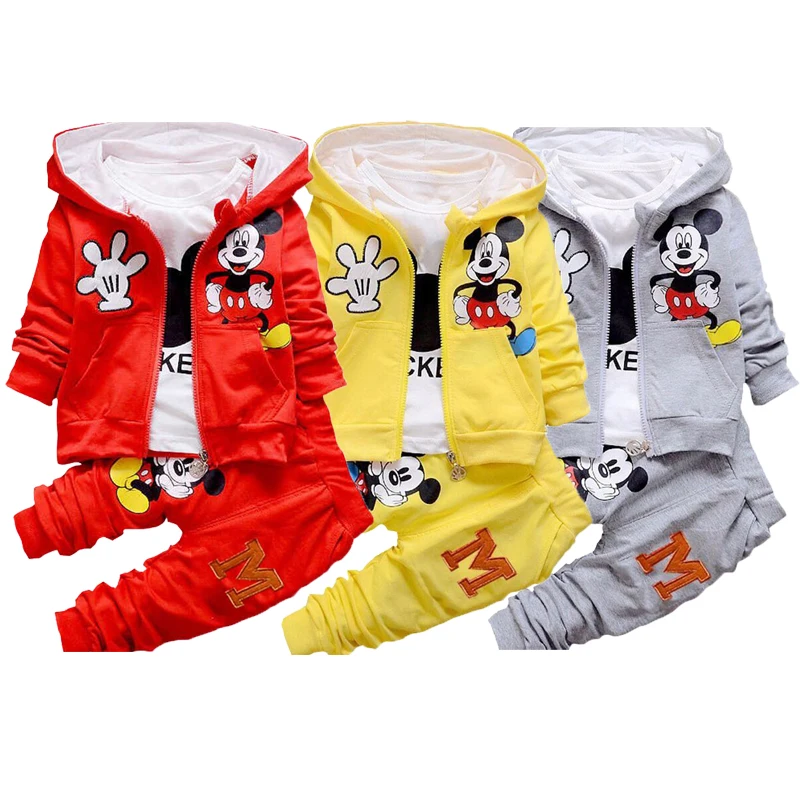 

Boy Girls Clothing Set Cartoon Minnie Mickey Children Autumn 3 Pcs Sets Hooded Jacket Coat Vest Suits Kids Coat+ Pants Baby Hat