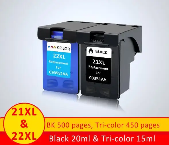 XiangYu 2Pcs/set 21xl 22xl Refilled ink cartridge replacement For hp 21 22 compatible For HP Deskjet f4180 f2180 3930 3940 D1311 - Color: BK Tri color 2PCS