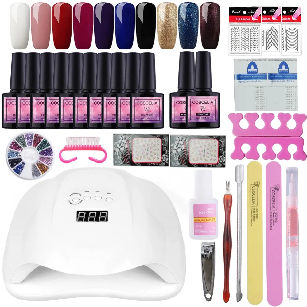

Manicure Set Choose 10 Colors Gel Polish Base Top Coat Nail Kits 54W UV Led Lamp Electric Manicure Handle Nail Art Tool