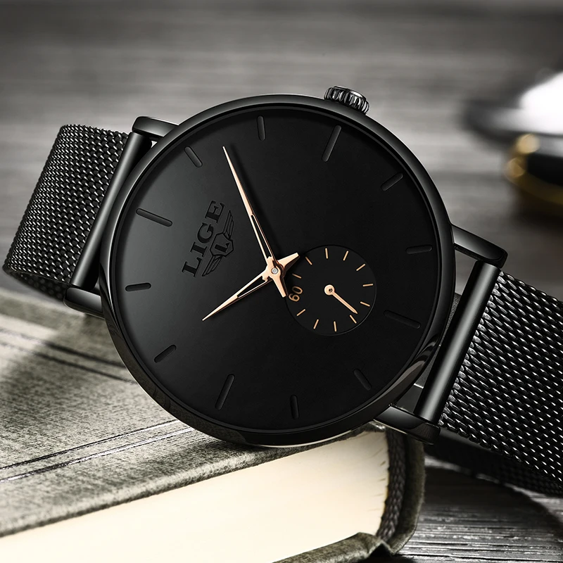 2019 LIGE New Mens Watches Top Brand Men's Sports Watch Men Waterrproof Analog Quartz Watch Male Ultra-thin mesh belt Clock+Box