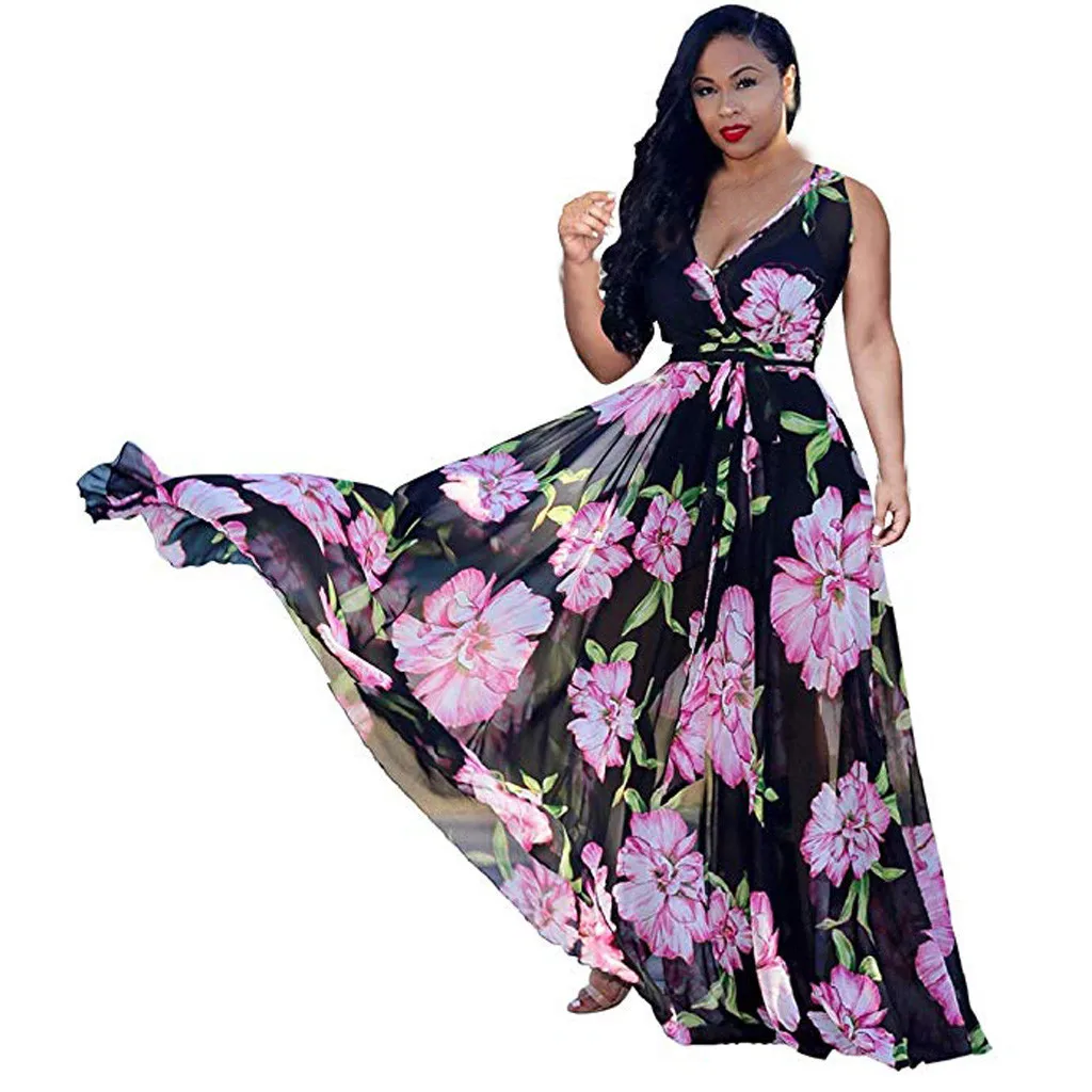 

Bohemian dress Womens Stylish Chiffon V-Neck Printed Floral Maxi Dress with Waisted Ruffled skin top Belt Plus Ropa de mujer #15