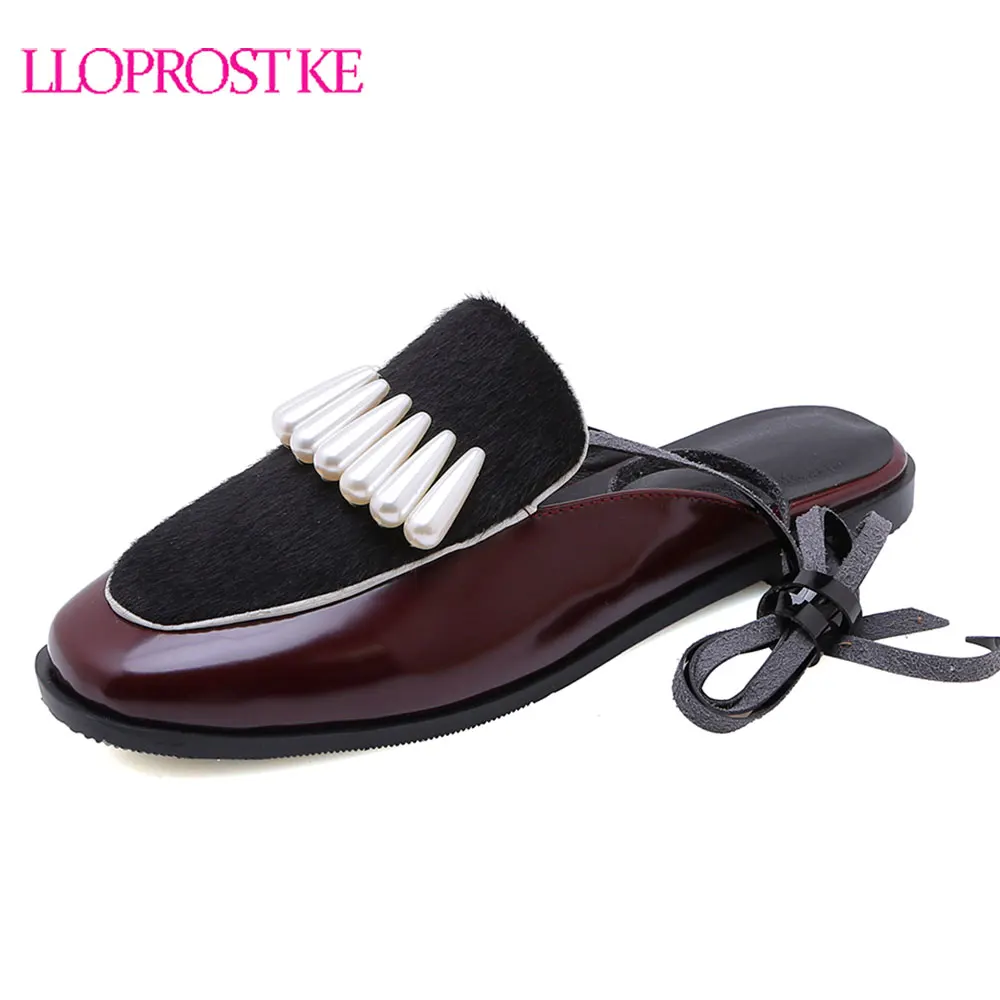 

Lloprost ke 2019 Casual Black Red Cross Tied Ankle Strap Flat Heel Mule Shoes Horsehair Bead Women Flats Summer Spring H237