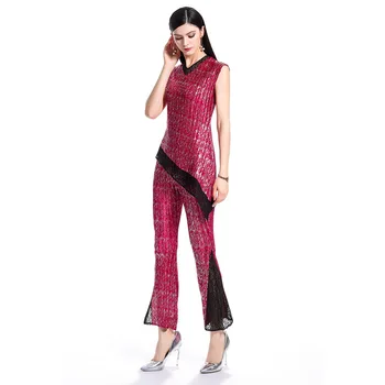 

Women Summer Fashion New Elegant Lady High Quality Pleats Pullover Shirts Trousers Clothing Sets