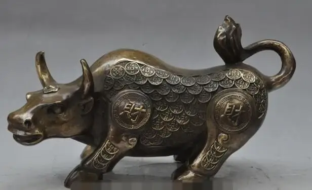 

S03318 13"Chinese fengshui bronze Prosperous wealth money zodiac animal ox Bull statue B0403