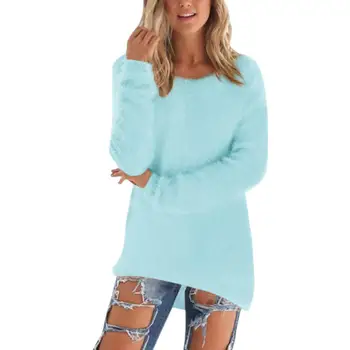 

MISSKY Autumn Winter Women Sweater Solid Color Long Sleeve Sweater Tops Solid Color Round Collar Blouse