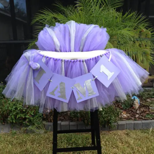 Tutu Tulle Table Skirts Baby Shower Decoration for High Chair Home Textiles Party Supplies Pink Blue Event Party Supplies - Цвет: purple and silver