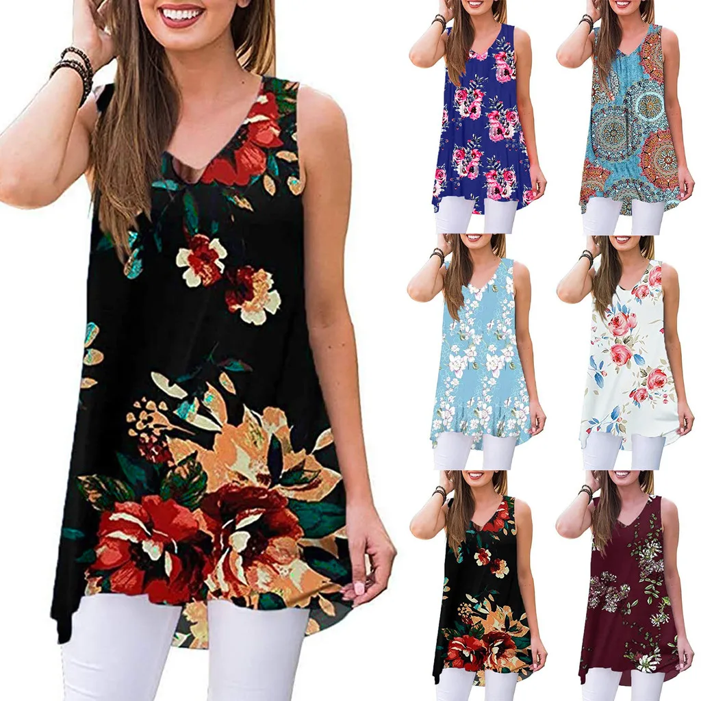

Summer Top Women Summer Sleeveless Print V-Neck T-Shirt Tunic Tops woman clothes Shirts 2019 New Shelves ropa sexy mujer