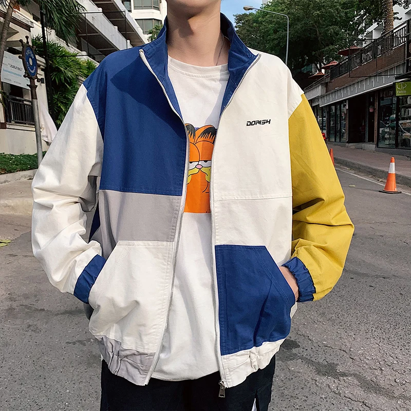 patchwork Oversized Jacket Men Summer Streetwear College Varsity Hip Hop Jacket Man Anorak Windbreaker Short Mens Coat 5J59