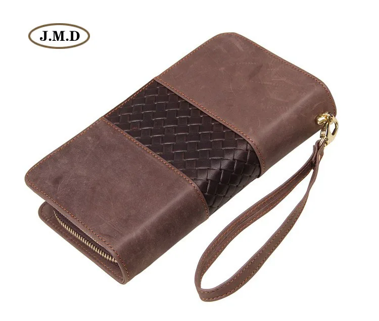

J.M.D High Quality Genuine Leather Fashion Unisex Wallet Weave Pattern Clutch Bag Two Zipper Ways Closure Portable Purse 8070R