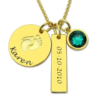 

Silver Baby Feet Birth Stone Necklace Personalized Name and Date Necklaces New Baby Jewelry Push Present Gift for Mother Mom