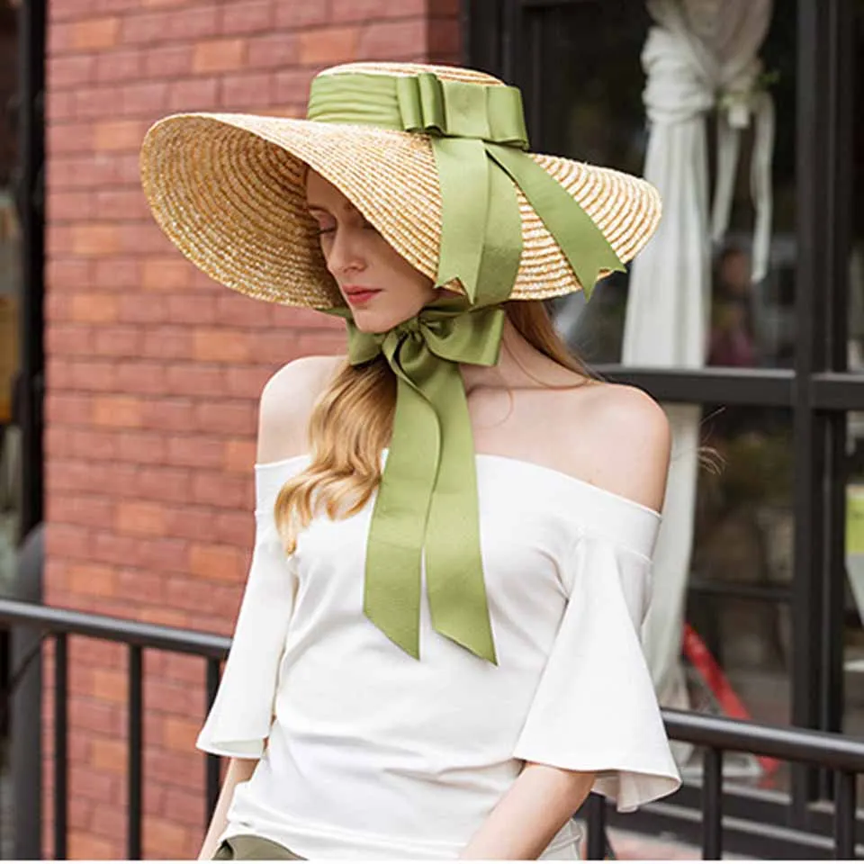 Natural Wheat Straw Hat Ribbon Tie 15CM/18CM Brim Boater Hat Elegant Beach Sun Hat Cap Lady Summer Wide Brim UV Protect Hats