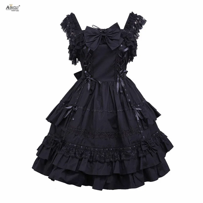 

Middle-Long Dress Ainclu XS-XXL Womens Cotton Black Sleeveless Classic A-line Lolita Dress With Lace/Bow/Ribbon for Party/others