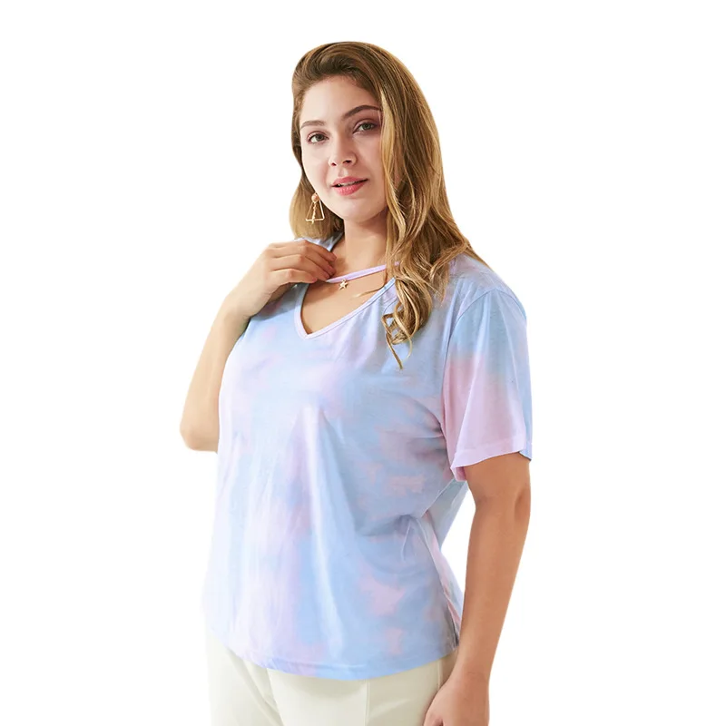 

WHZHM Summer Plus Size 3XL 4XL Colorful Printed Women Tees Short Sleeve Elegant Casual Sexy Ladies tshirt V-Neck Loose Tops