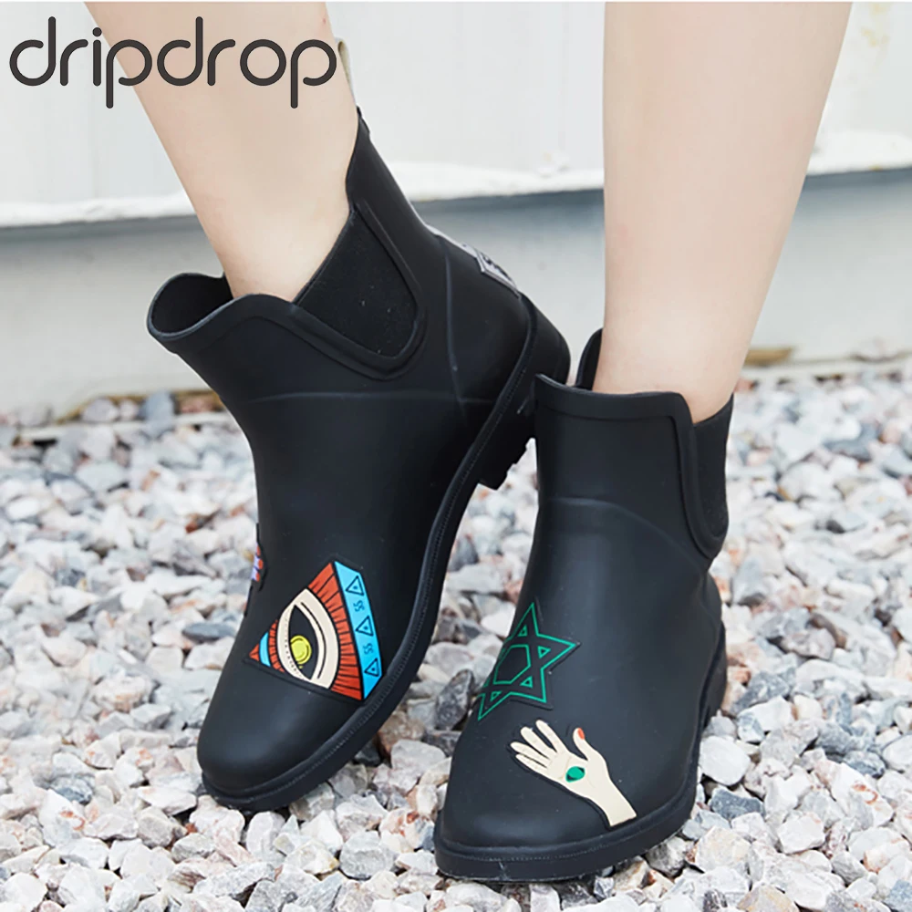 

DRIPDROP Natural Rubber Chelsea Boots for Women Ankle Rain Shoes Waterproof Slip on Footwear with Elastic Band