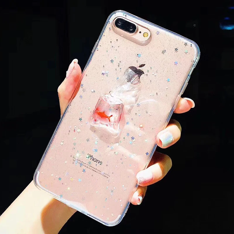 Cute goldfish Transparent Phone Case For iPhone 6 6S Clear TPU Silicone Back Cover For iPhone 7 7 plus 8 6 S X Star Star Glitter Capa (5)