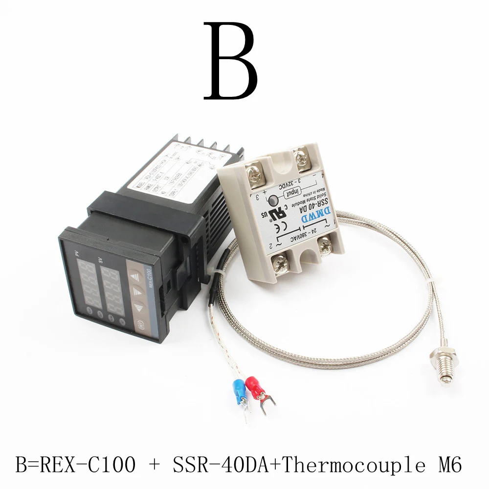 Digital 220 В PID REX-C100 Температура контроллер+ max.40A ССР релейный выход+ K термопары, PID контроллер Набор+ теплоотвод термометр цифровой - Цвет: B