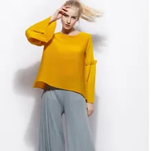 Модный складной с длинными рукавами сексуальный О-вырез с расклешенными рукавами Футболка женская