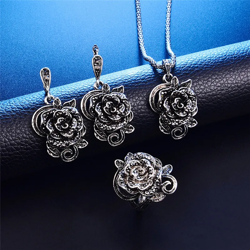 3Pcs Vintage Silver Color Jewellery Set Fashion Black Crystal Rose