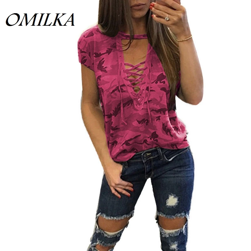 

OMILKA 2017 Summer Women Camouflage Printed Lace Up T Shirts Casual Pink Blue Green Gray Short Sleeve V Neck Streetwear Tops Tee