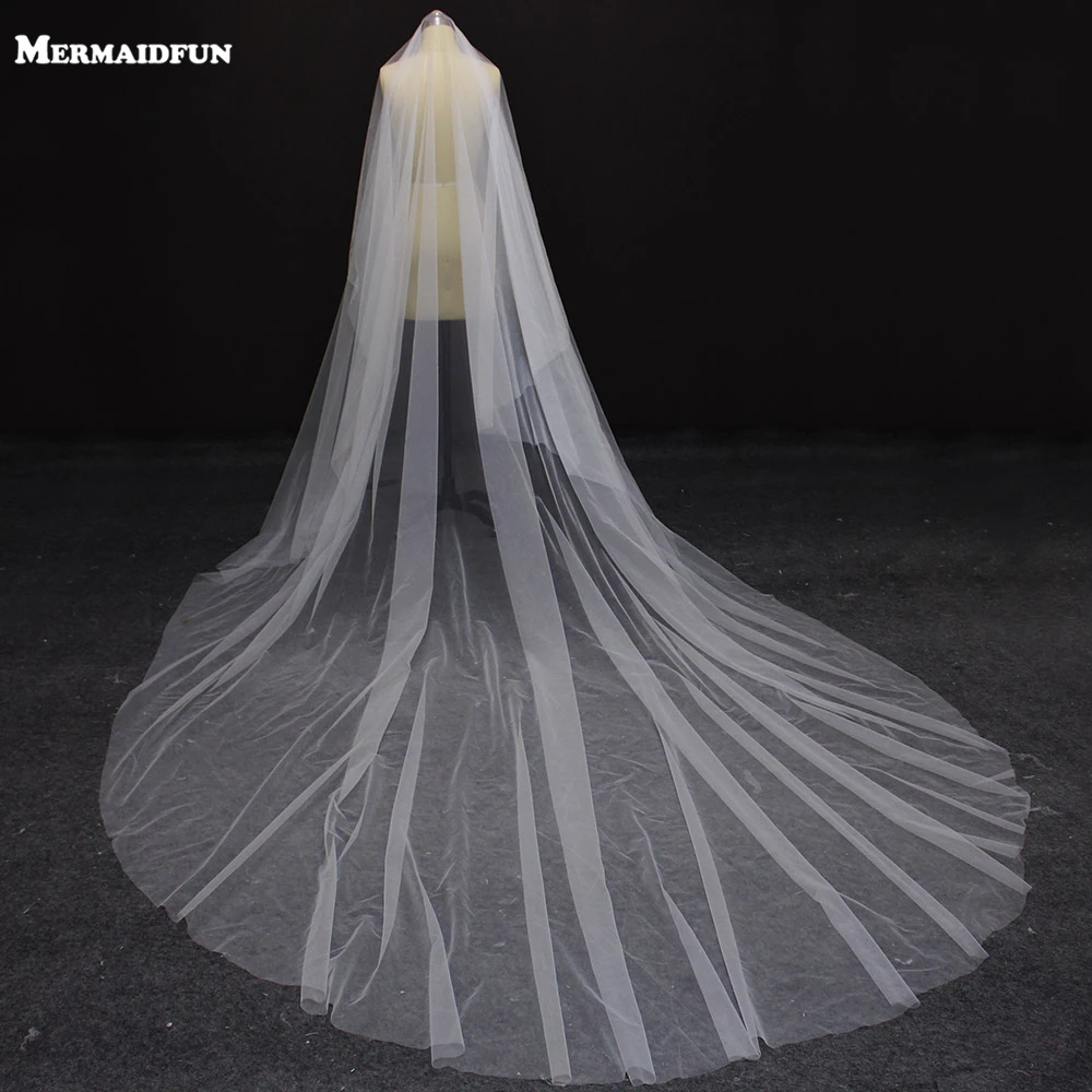 

2019 Real Photos New One layer 4 Meters Long Plain Tulle Wedding Veil WITHOUT Comb Beautiful White Ivory Bridal Veil