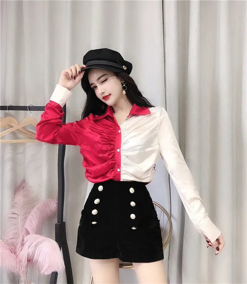 2022 Spring Summer Korean  Fashion  Ruched Blouse Two Colors 