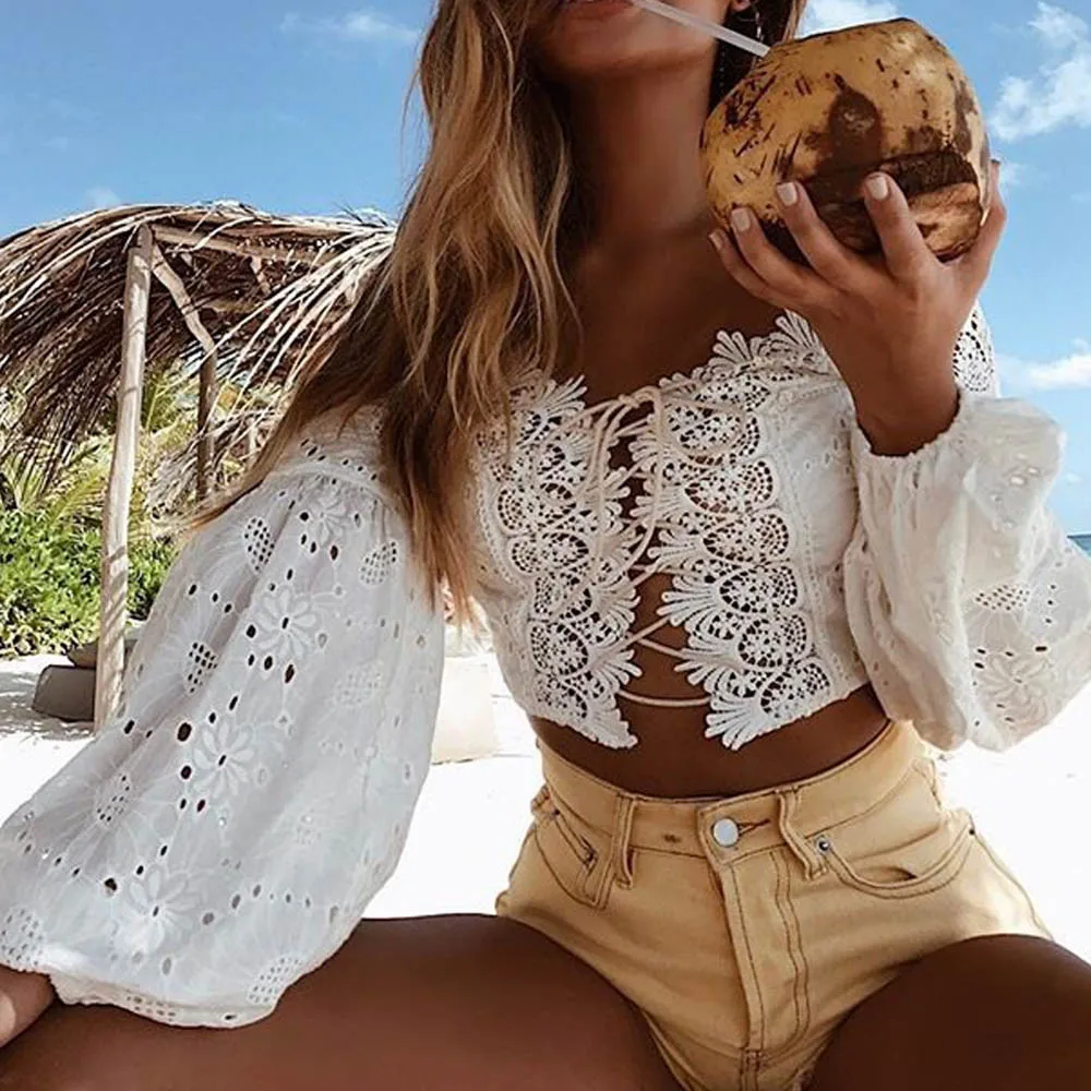 

2019 Summer Fashion Female T-shirt Women Casual Harajuku Cotton t shirt Long sleeve Slash Neck Lace Cute Tops Tees