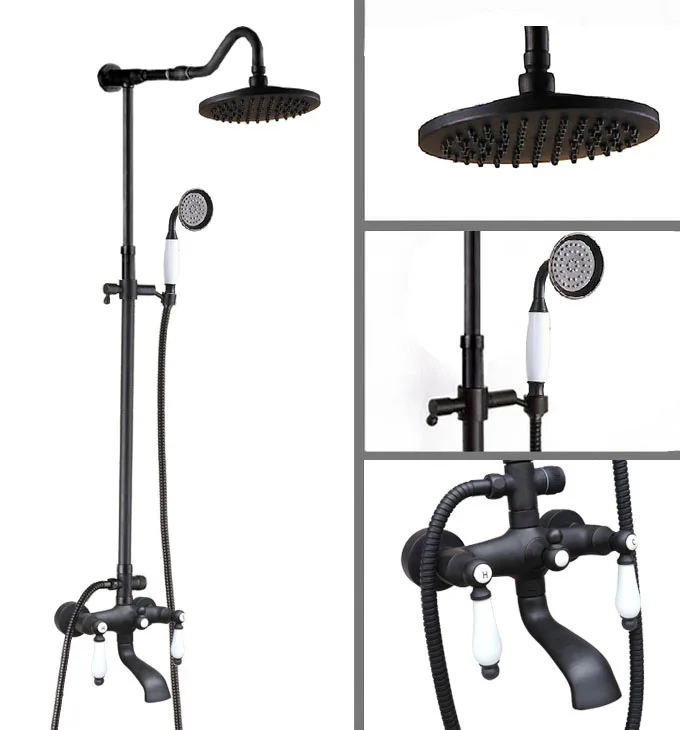 

Black Oil Rubbed Brass Dual Ceramic Handles Bathroom 8 Inch Round Rain Shower Faucet Set Bath Tub Mixer Tap Hand Shower mhg646