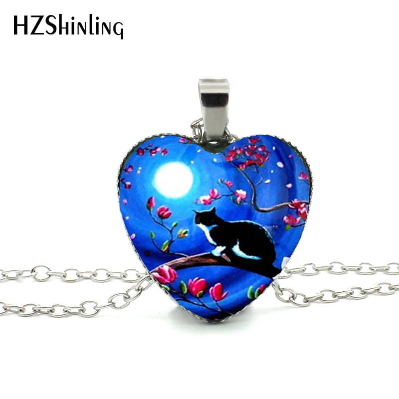 

New Cats Silhouette Heart Necklace Black Cat and Moon Pendant Heart Shaped Jewelry Glass Heart Necklace HZ3