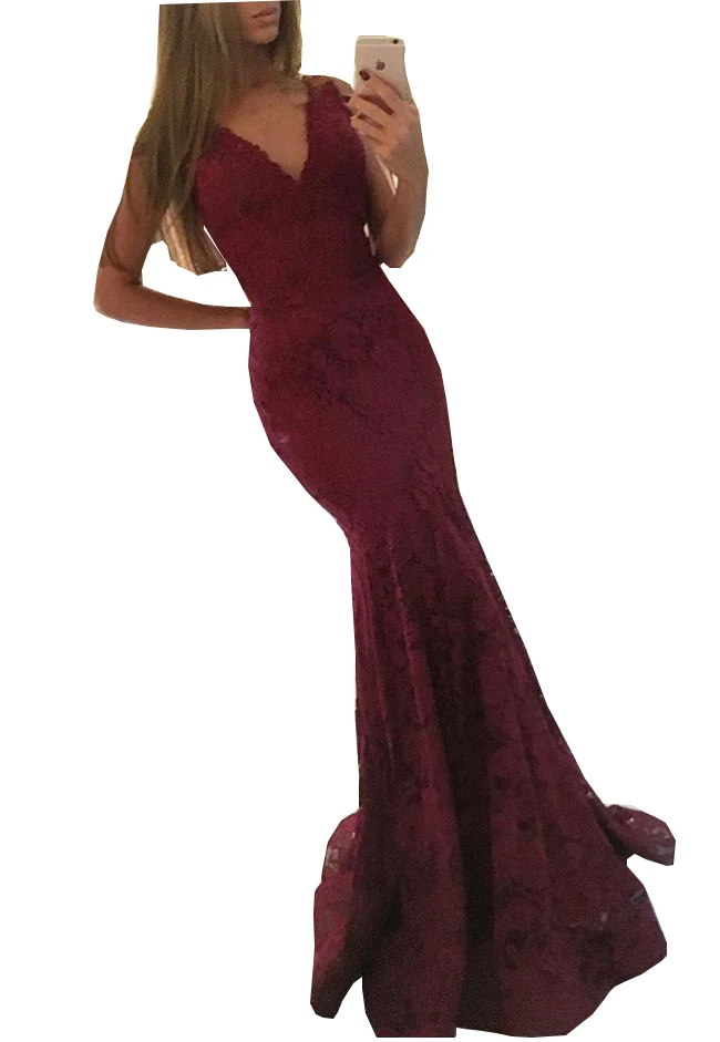 

Vestido De Festa Mermaid Evening Dresses 2017 Custom made V Neck Sleeveless Floor Length Lace Burgundy Prom Gowns Formal Dress