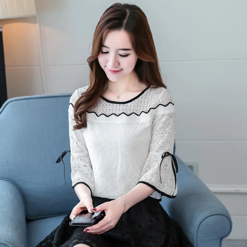  2018 fashion summer women tops lace blouse women shirt sexy hollow lace shirt flare sleeve white wo