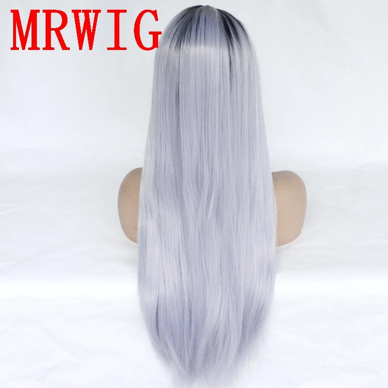 MRWIG реальное изображение 26in150% Denstiy длинные прямые ombre серо-голубой синтетический передний парик шнурка для афроамериканцы