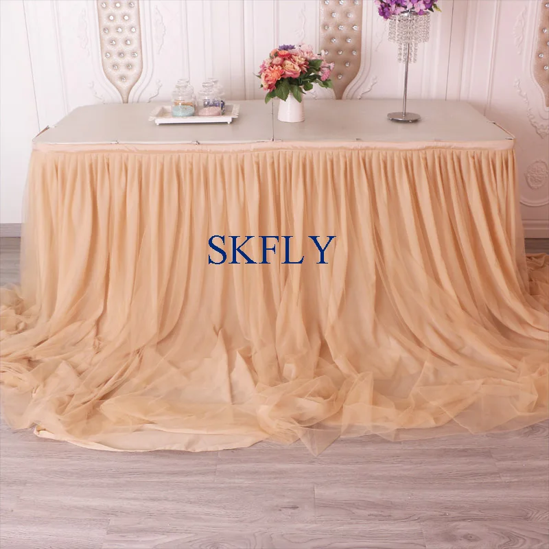 CL072E made long drape new wedding taffeta chiffon tulle ruffled champagne table skirt