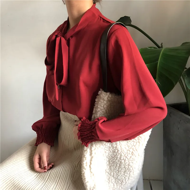 

Women's Blouses Clothes Kawaii Ladies Vintage Bow Tie Chiffon Solid Color Blouse Female Punk Harajuku Tunic For Women Casual