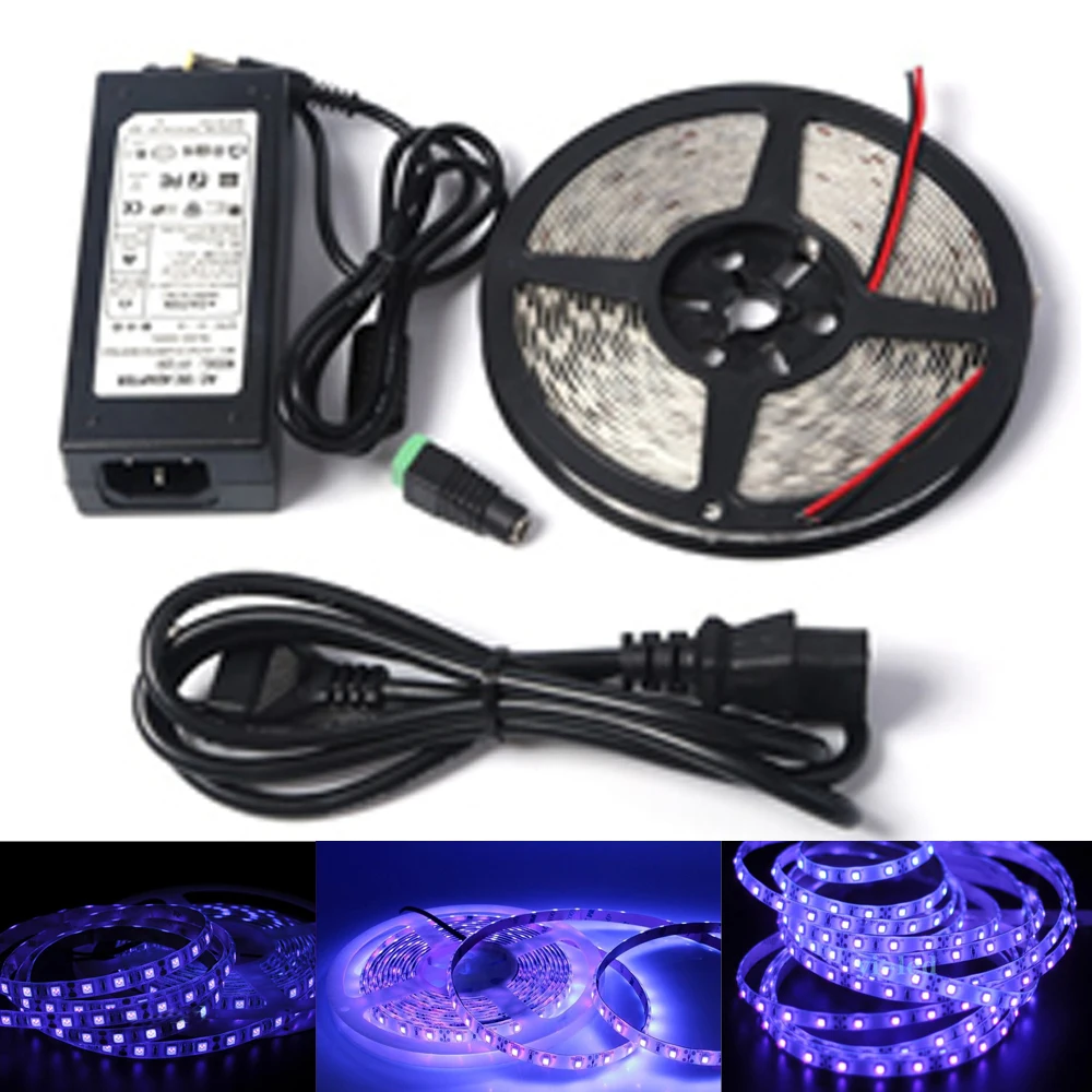 

DC 12V New UV 5050 SMD ip65/non waterproof Ultraviolet UV 395-405nm Purple Led Flexible Strip Light black tape lamp+power supply