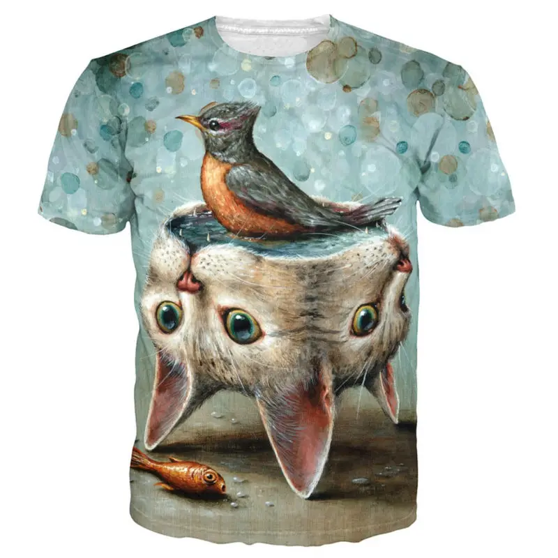 Printed Cat and Birds tees Tops Cartoon tshirt2