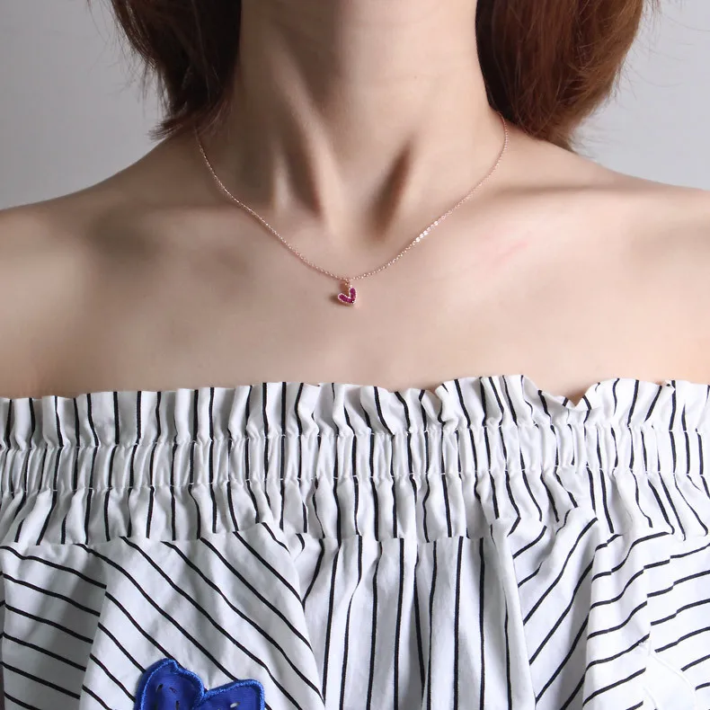 

S925 silver Romantic Sweet Rose Pendant Necklaces Gold Color Zircon Heart Sterling Chain Choker Necklace Women Wedding Jewelry