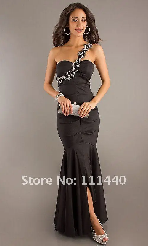 2012 Hot Sale New Floor Length One Shoulder Black Gown Evening Dresses