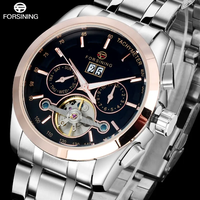 ФОТО FORSINING casual men mechanical watches stainless steel band fashion brand automatic tourbillion wristwatches relogio masculino