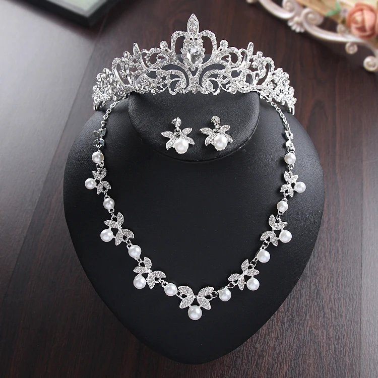 

SHOSIXUAN Bride Diaries New Design Crystal Pearl Bride 3pcs Set Necklace Earrings Tiara Bridal Wedding Jewelry Set Accessories